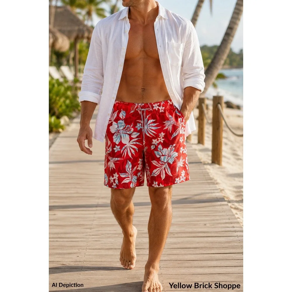 Speedo Swim Trunks Men's‎ Medium Red Tropical Floral Board Shorts